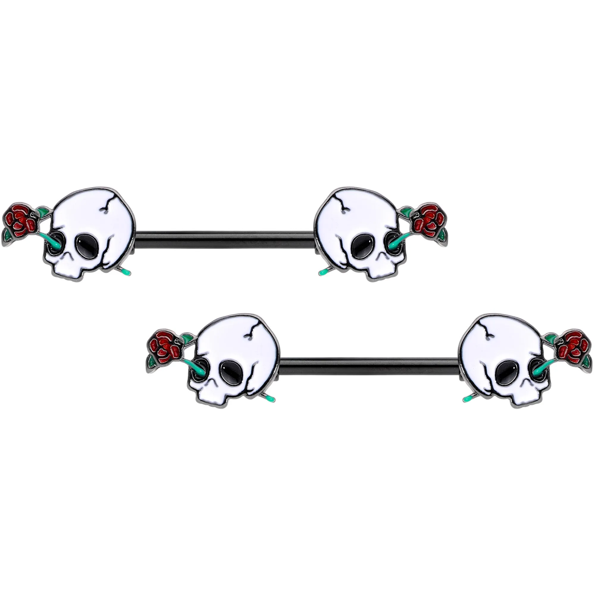 14 Gauge 9/16 Black PVD Rose Scary Skull Halloween Nipple Ring Set