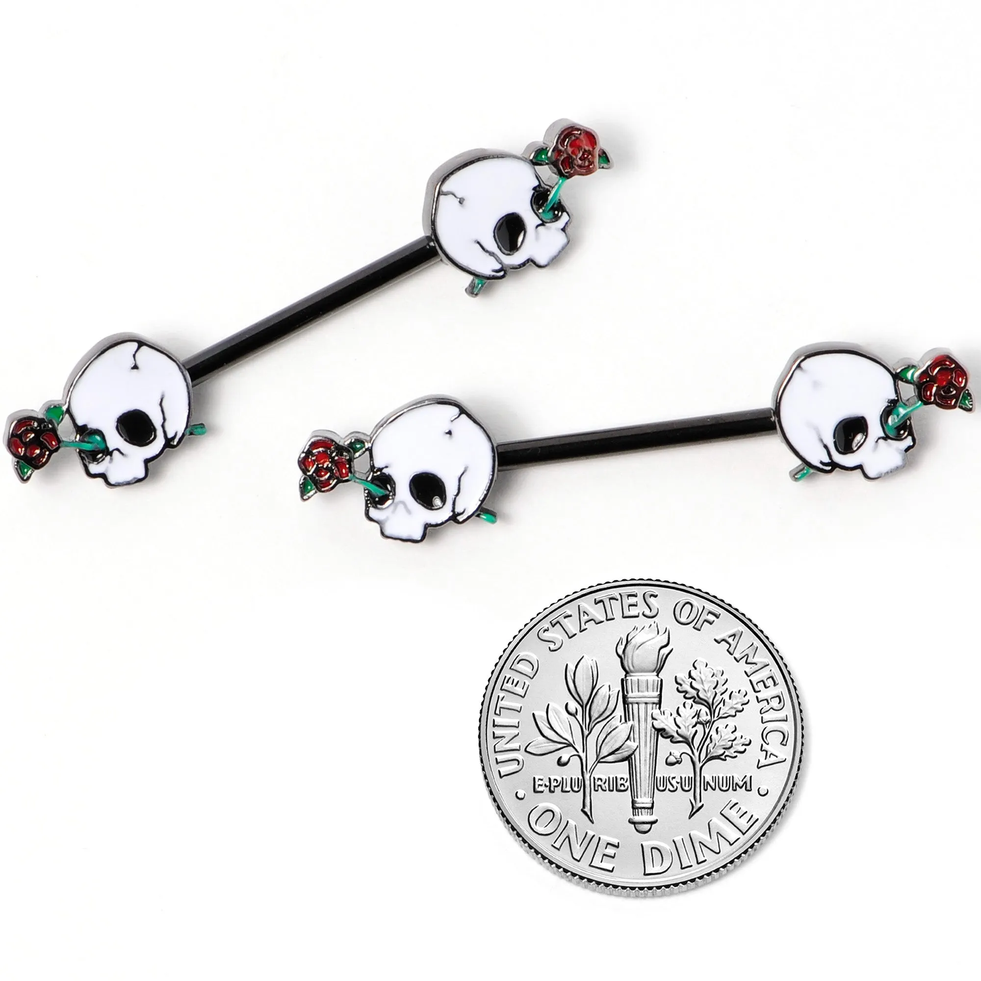 14 Gauge 9/16 Black PVD Rose Scary Skull Halloween Nipple Ring Set