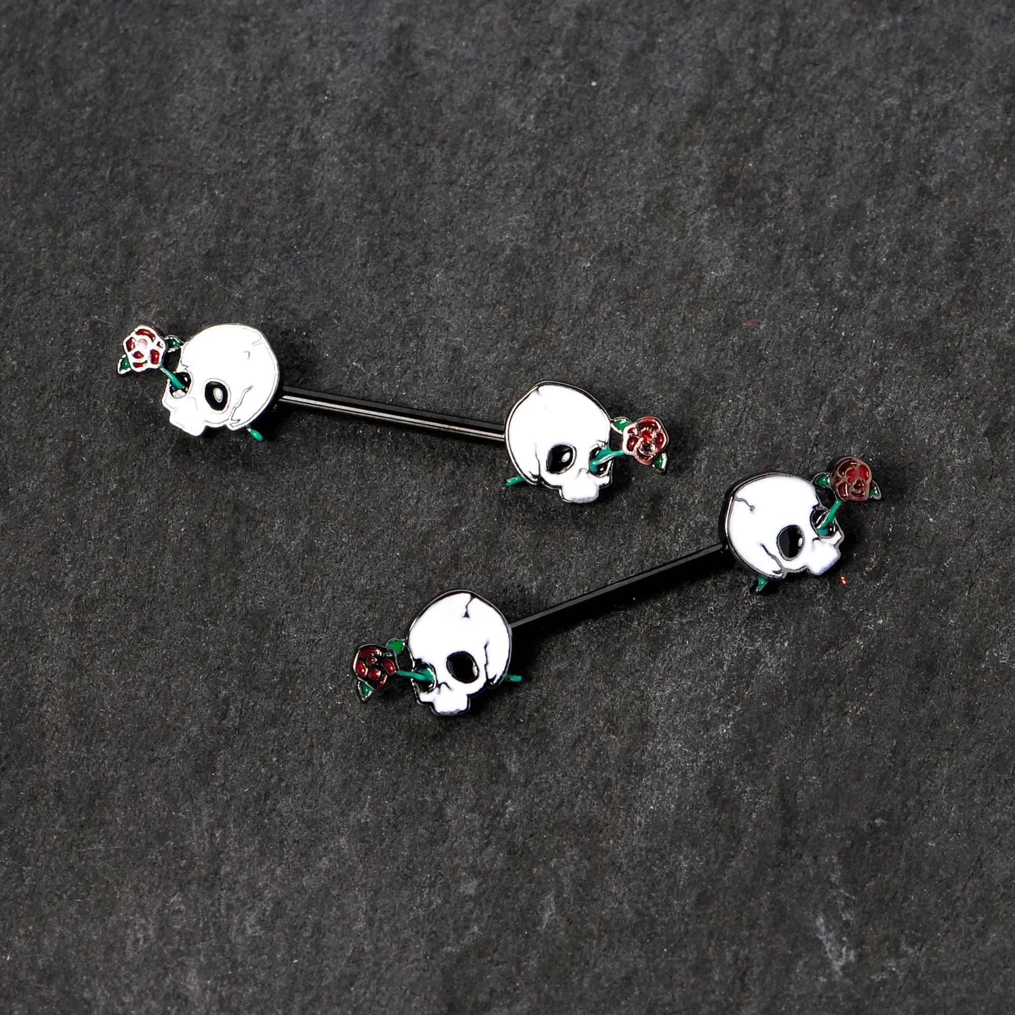 14 Gauge 9/16 Black PVD Rose Scary Skull Halloween Nipple Ring Set