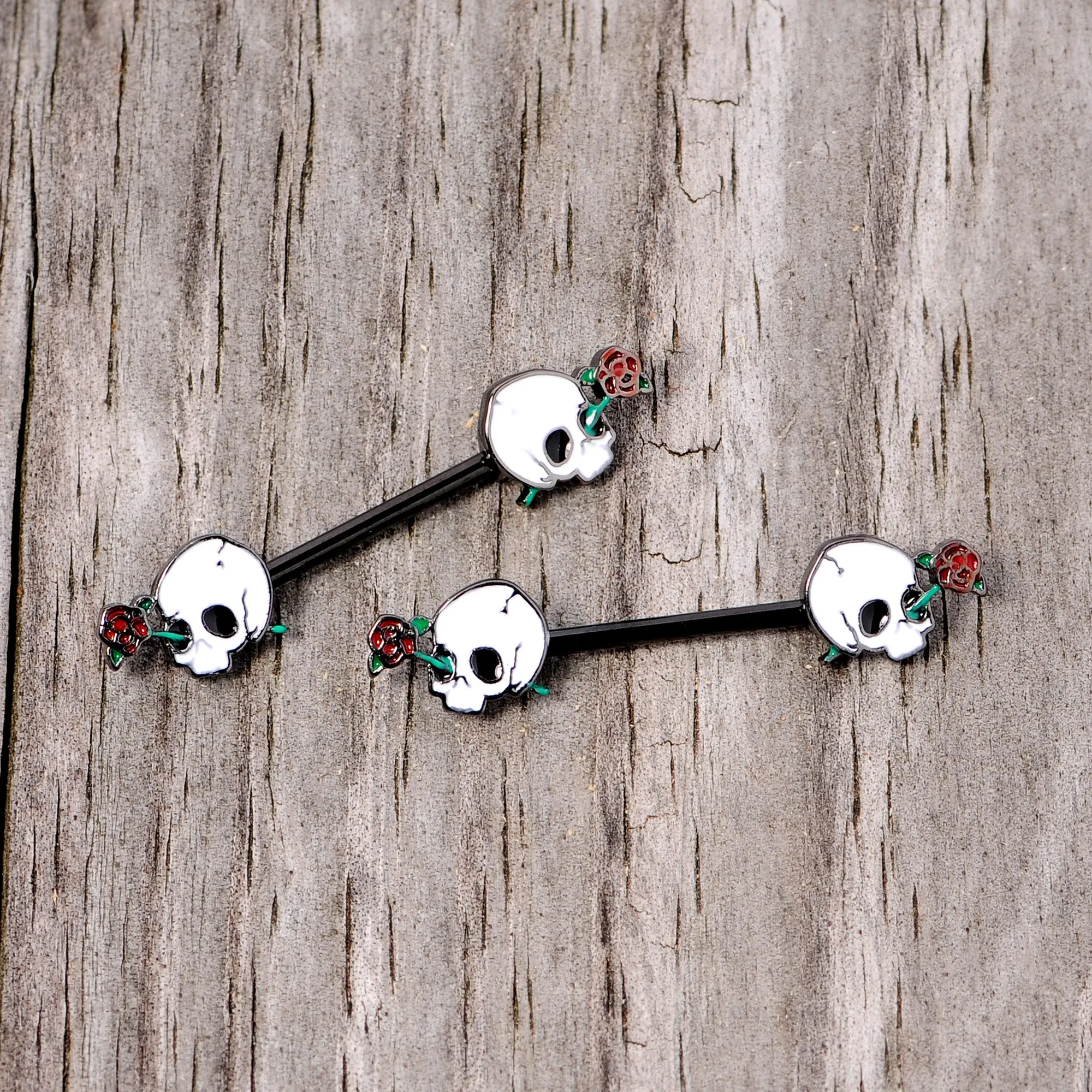 14 Gauge 9/16 Black PVD Rose Scary Skull Halloween Nipple Ring Set