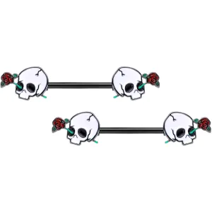 14 Gauge 9/16 Black PVD Rose Scary Skull Halloween Nipple Ring Set