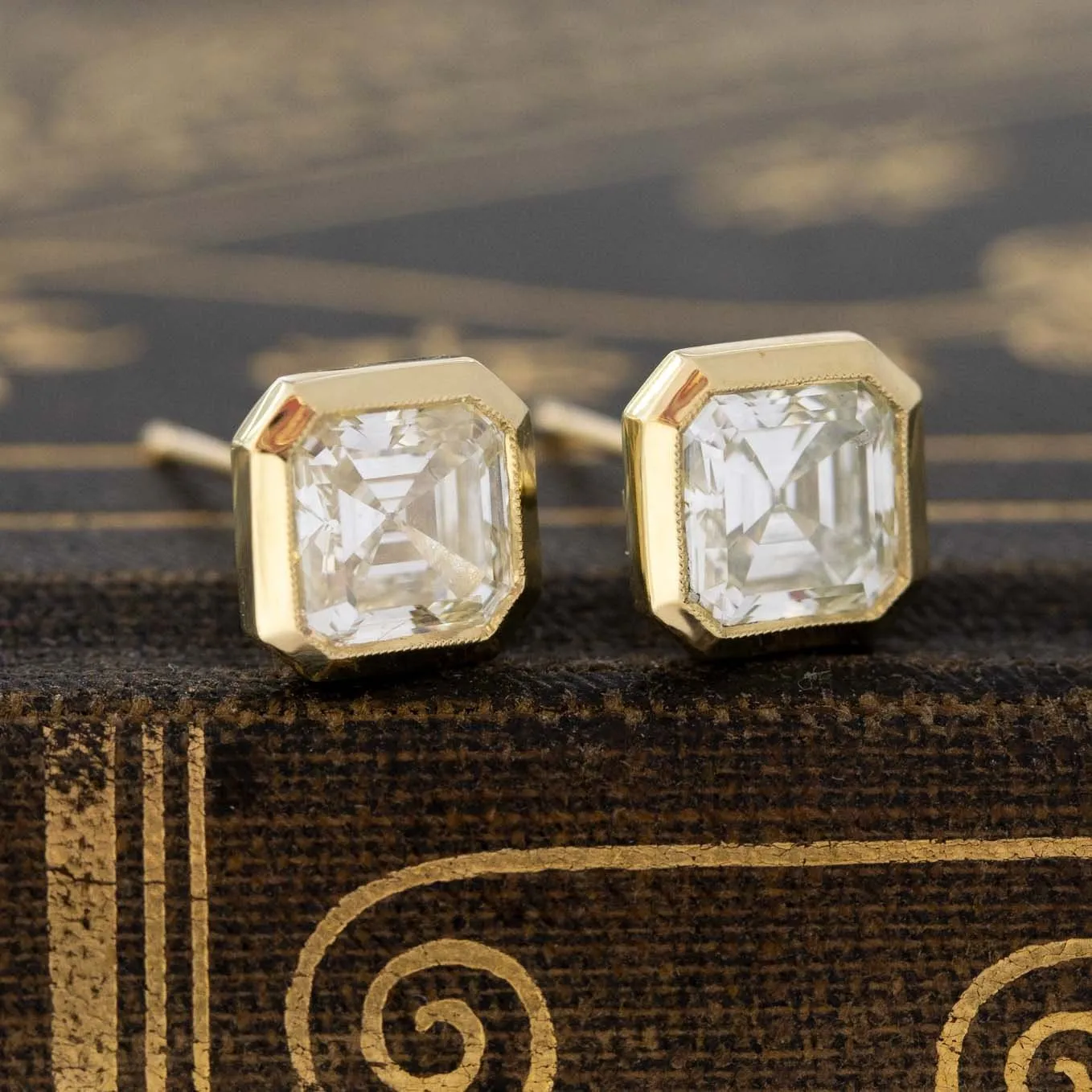 2.21ctw Asscher Cut Diamond Bezel Stud Earrings, GIA