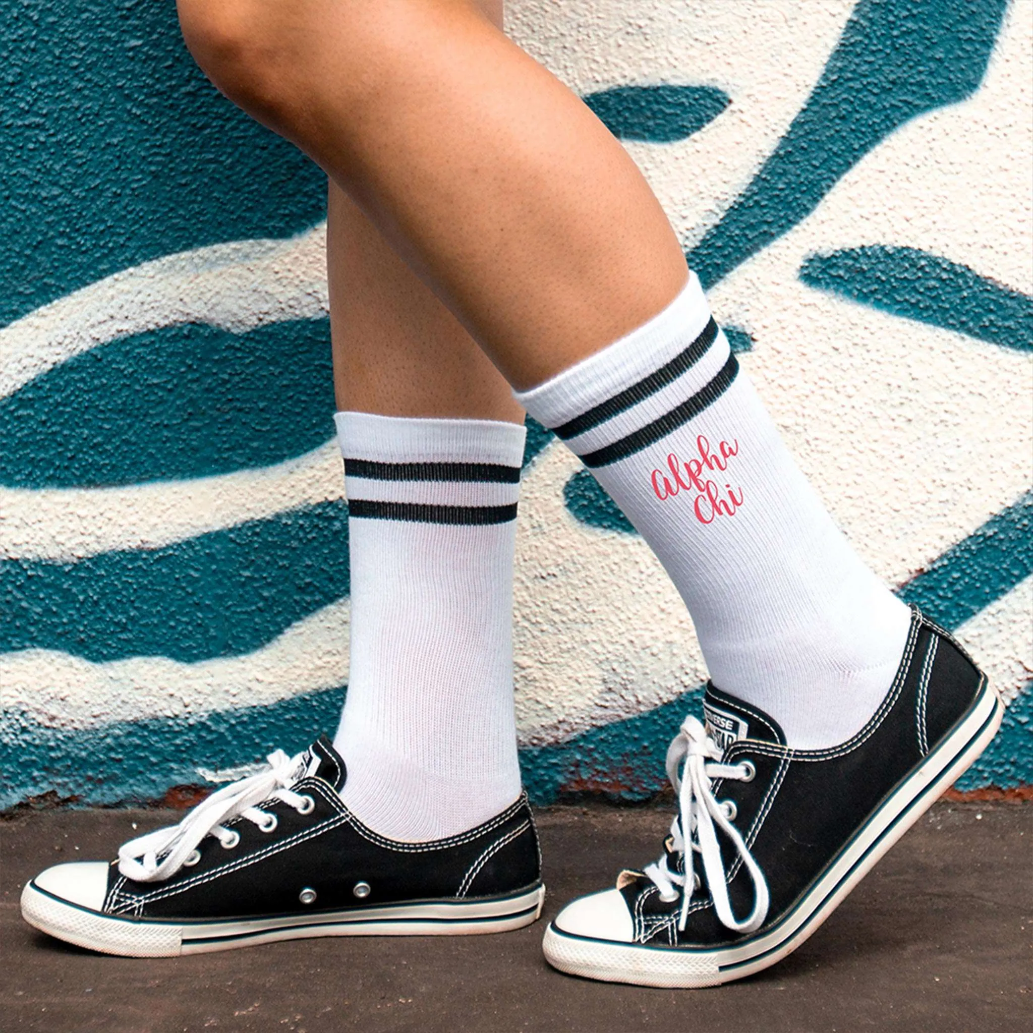 ALPHA CHI Black Striped Crew Socks