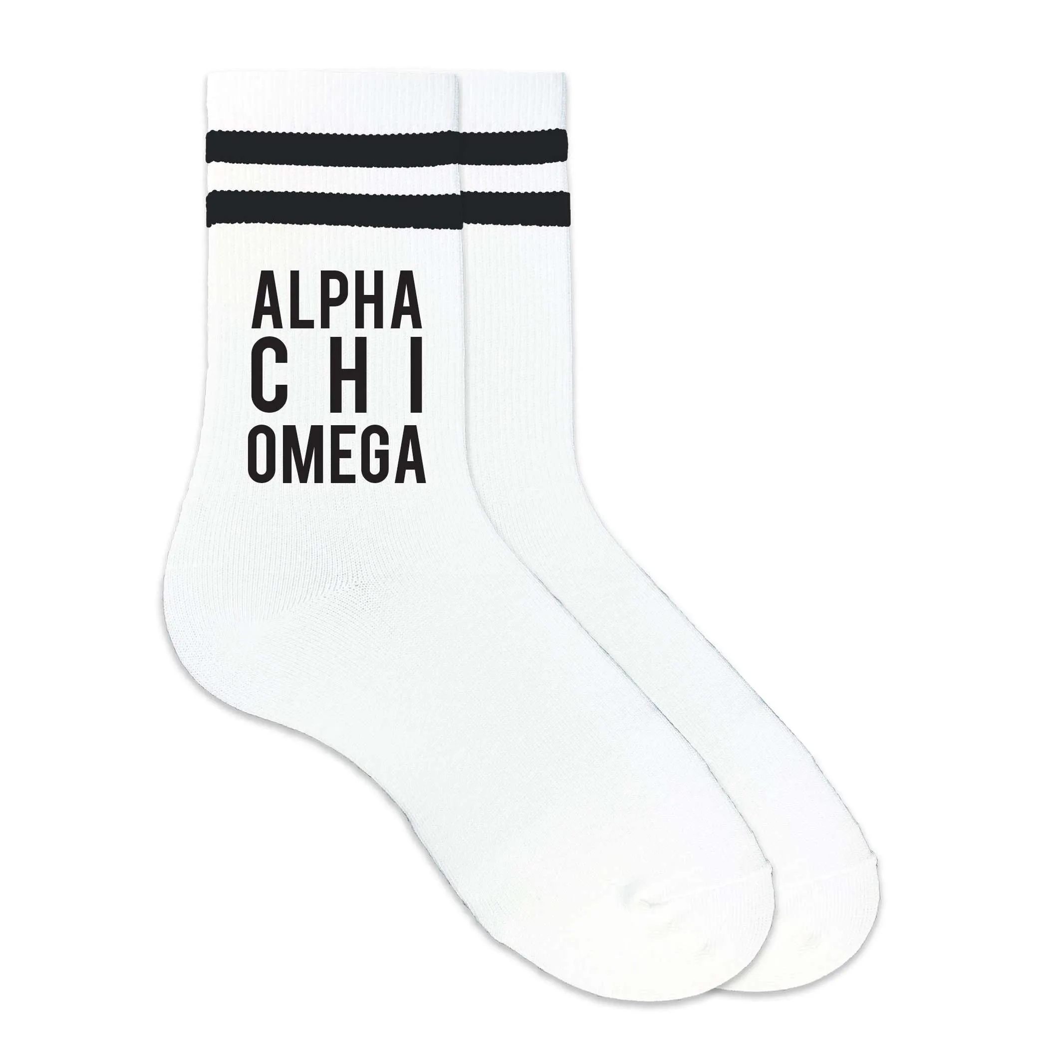Alpha Chi Omega Black Writing Striped Crew Socks