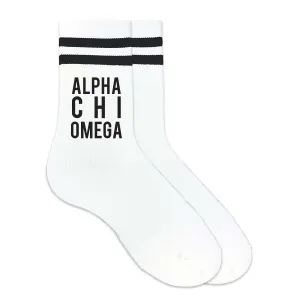 Alpha Chi Omega Black Writing Striped Crew Socks