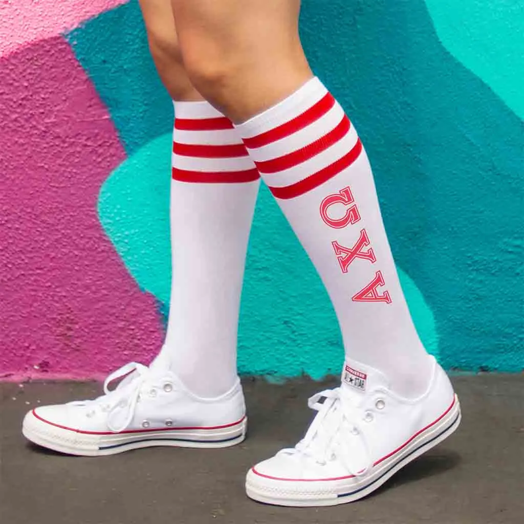 Alpha Chi Omega Printed on Striped Knee High Socks