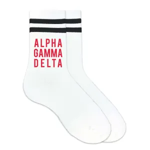 Alpha Gamma Delta in Sorority Color on Striped Crew Socks