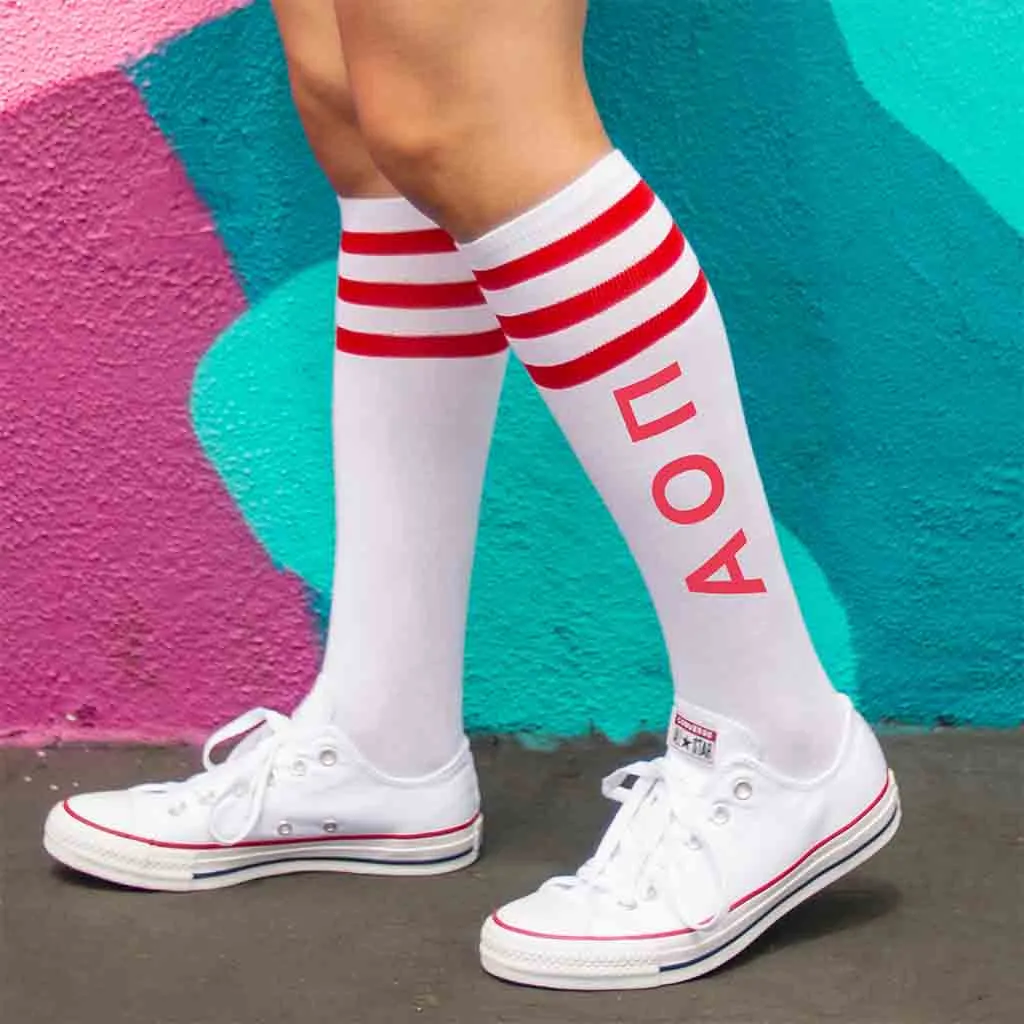 Alpha Omicron Pi Printed Striped Knee High Socks