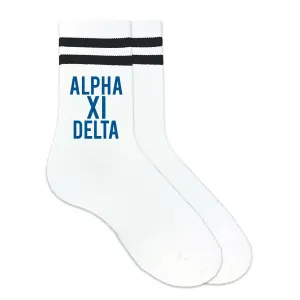 Alpha Xi Delta in Sorority Color on Striped Crew Socks