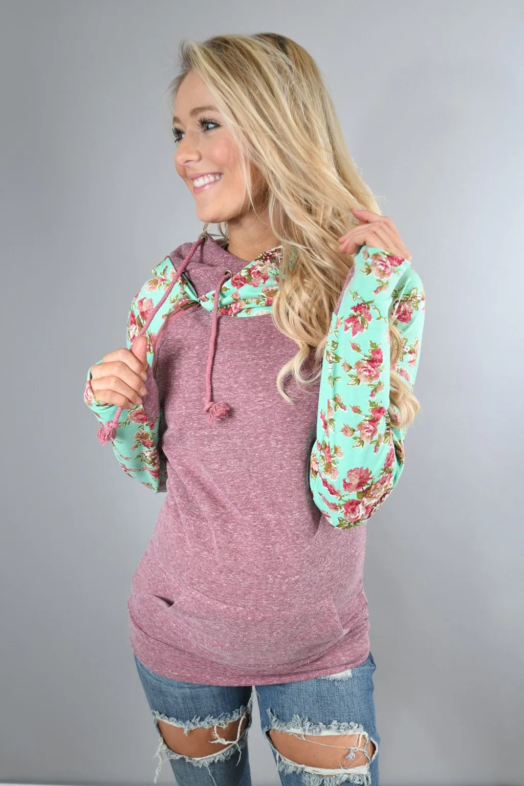 Ampersand Ave. Double Hooded Sweatshirt ~ Floral Maroon