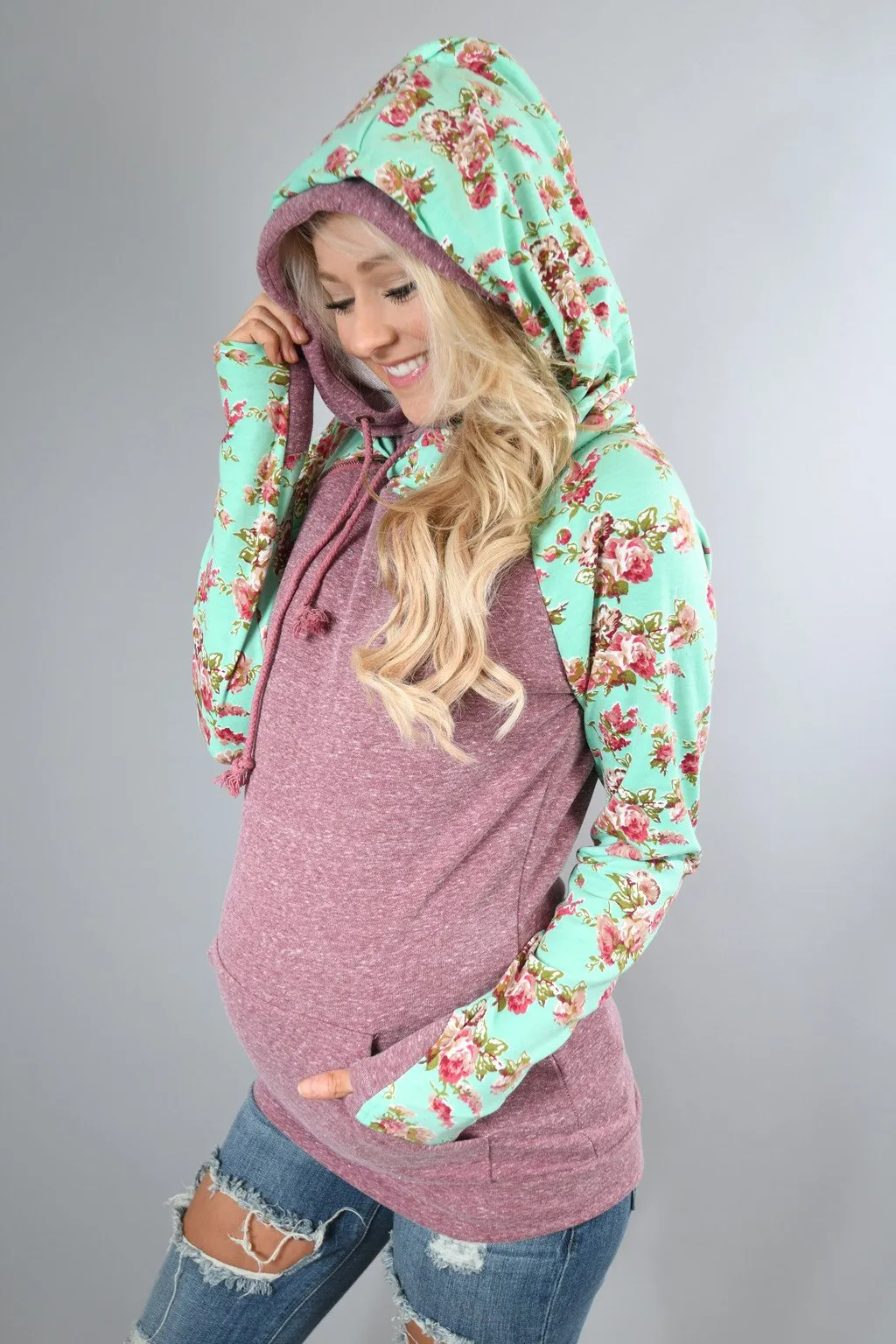Ampersand Ave. Double Hooded Sweatshirt ~ Floral Maroon