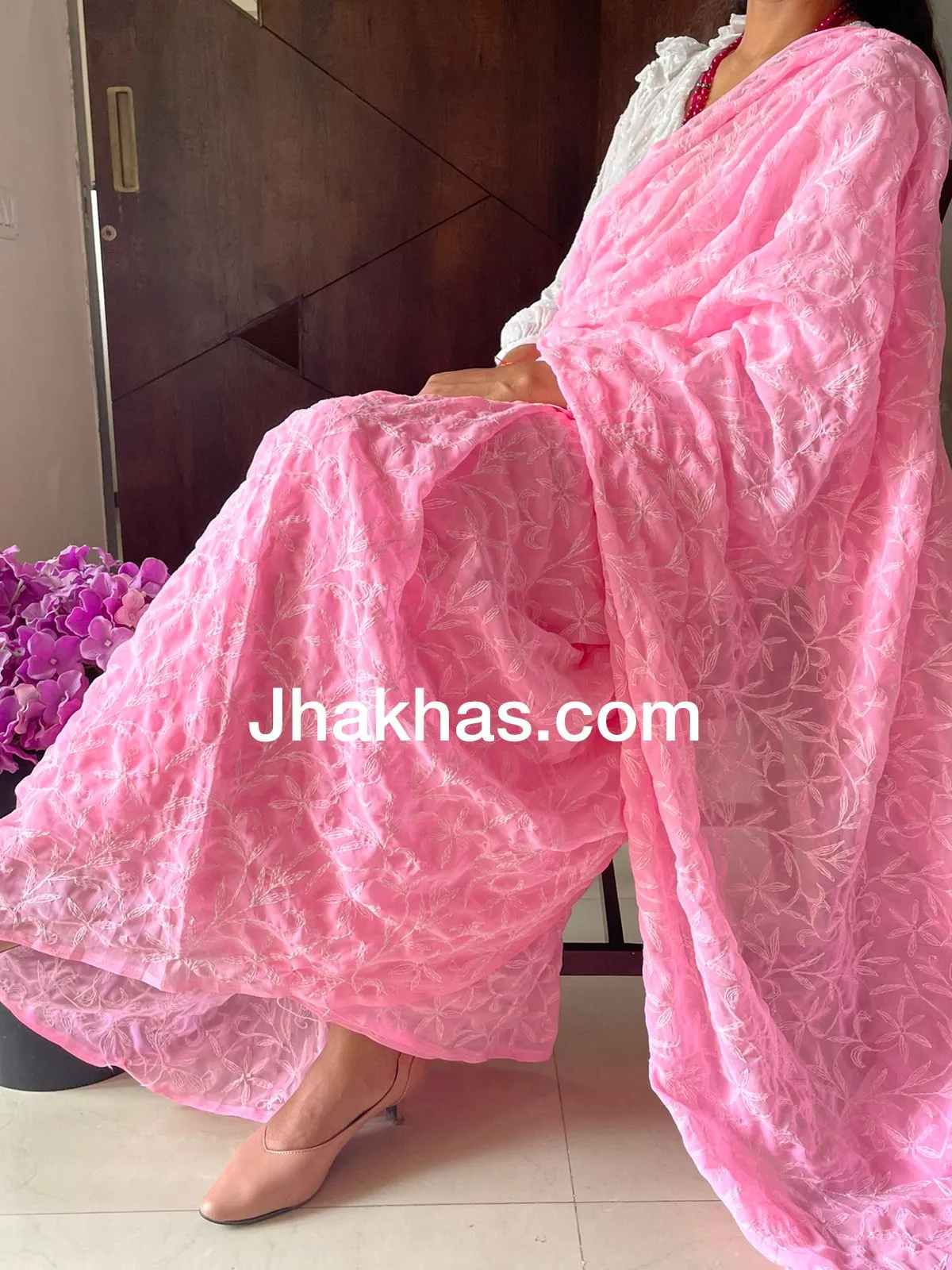Babypink Lucknowi Tepechi Work Saree