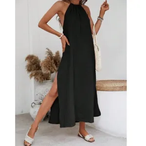 Backless high slit maxi dress halter neck minimalist boho maxi dress black