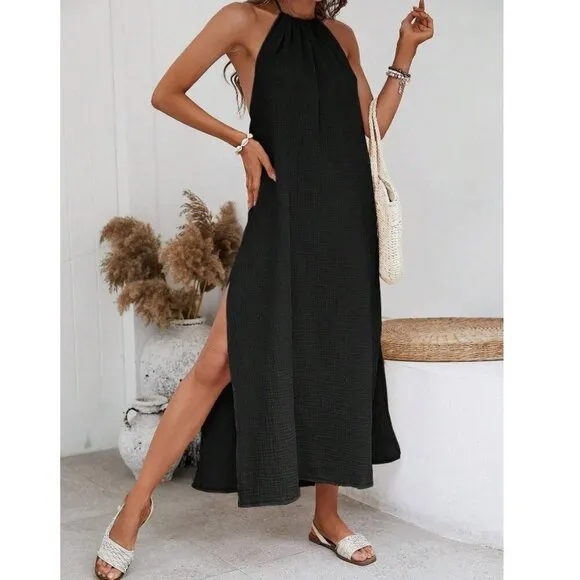 Backless high slit maxi dress halter neck minimalist boho maxi dress black