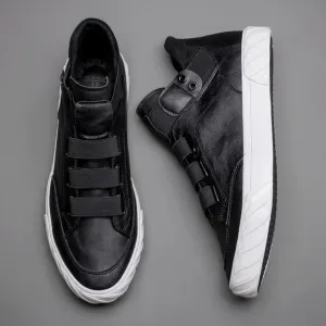 Black Leather High Top Lace Up Sneakers with White Sole - Sneaker Shoes