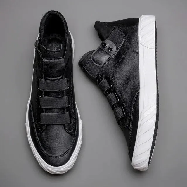 Black Leather High Top Lace Up Sneakers with White Sole - Sneaker Shoes