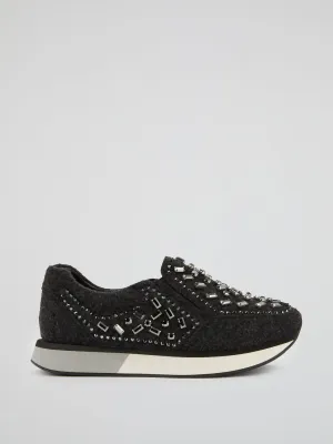 Black Merino Wool Crystal Sneakers