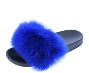 Blue Faux Fur Mule Slide Flat Sandal