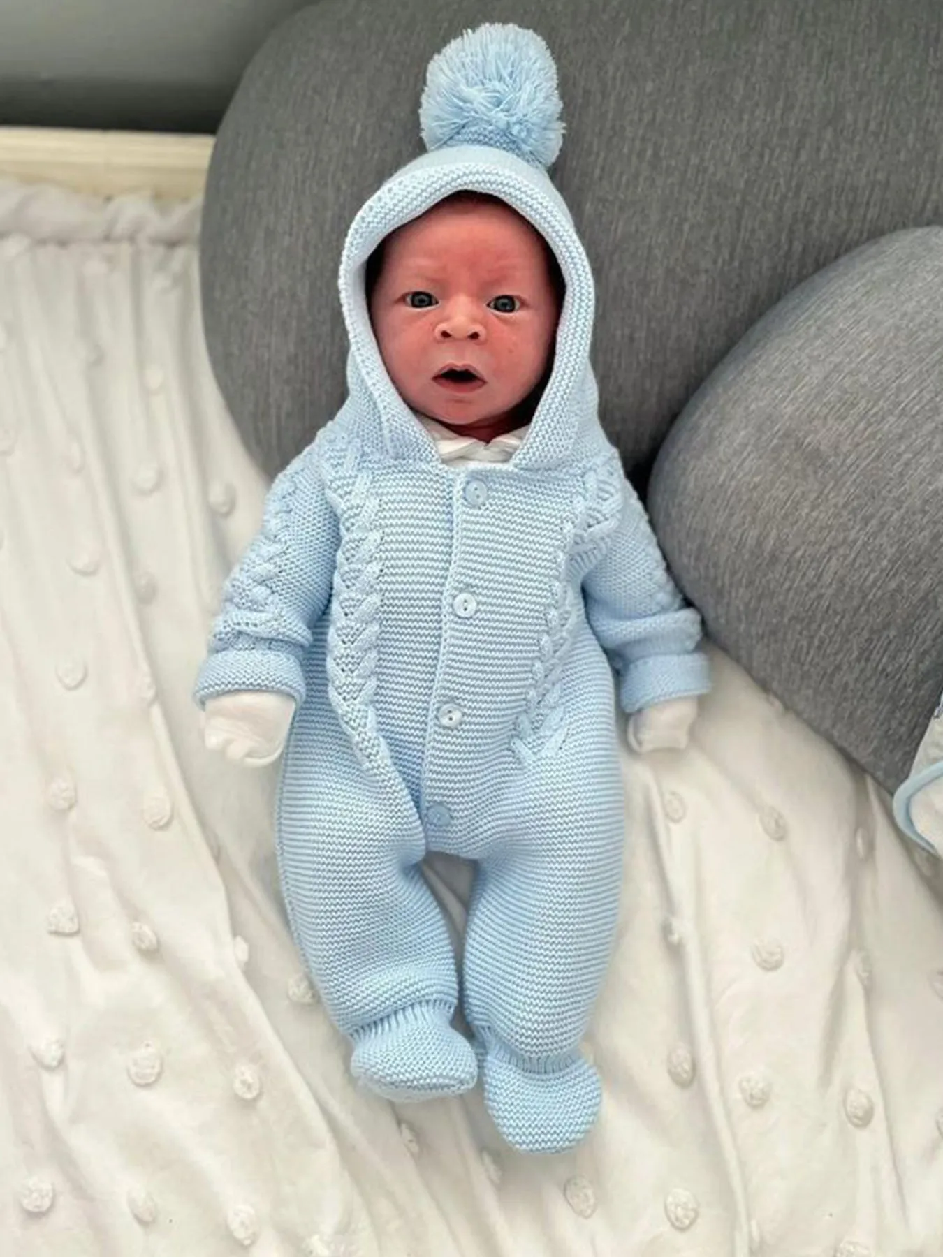 Blue Knitted Pramsuit with Pom Pom Hood