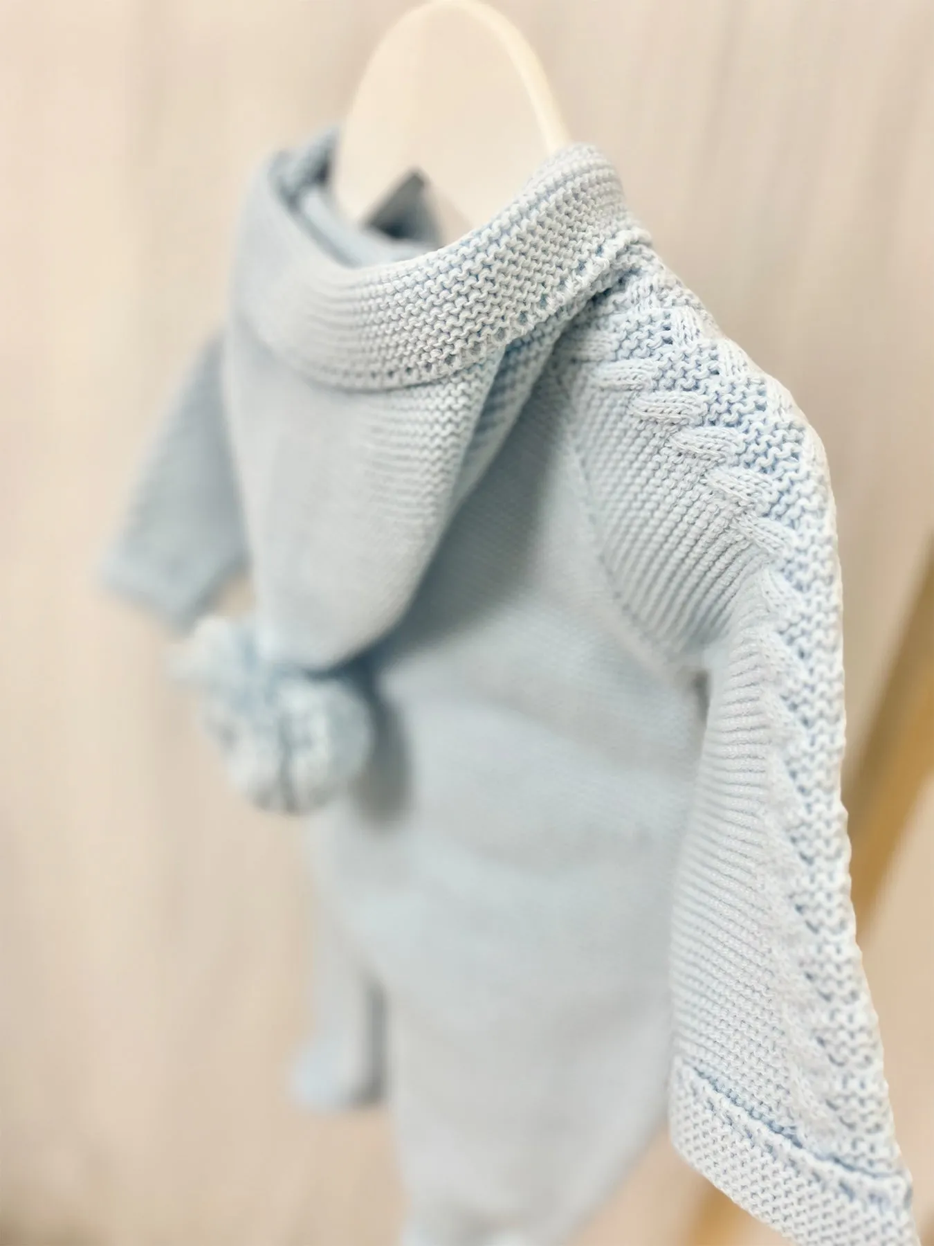Blue Knitted Pramsuit with Pom Pom Hood