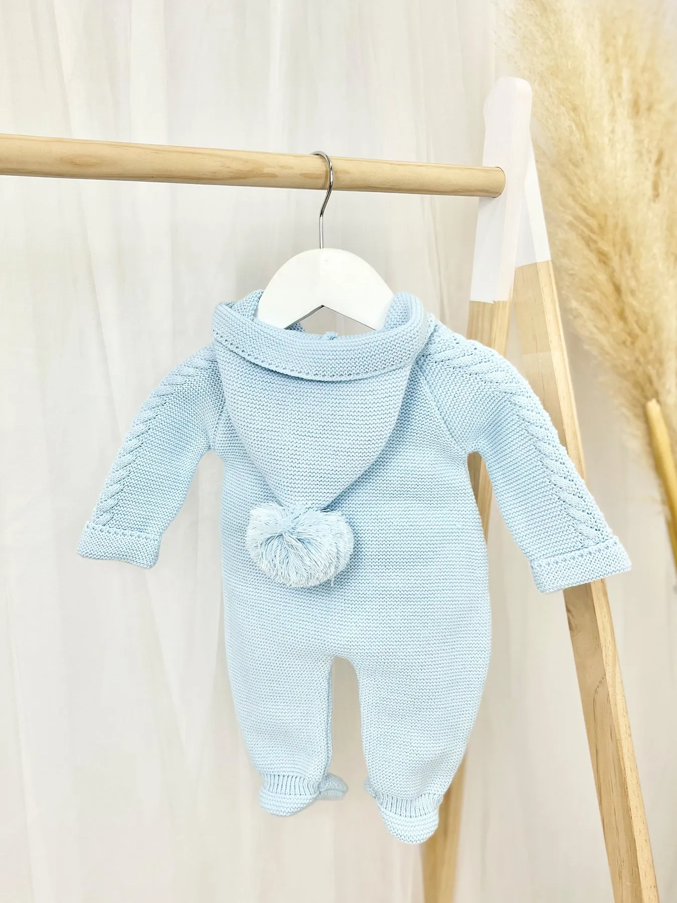 Blue Knitted Pramsuit with Pom Pom Hood