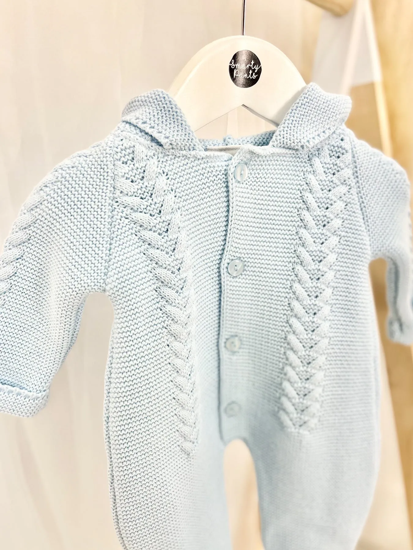 Blue Knitted Pramsuit with Pom Pom Hood