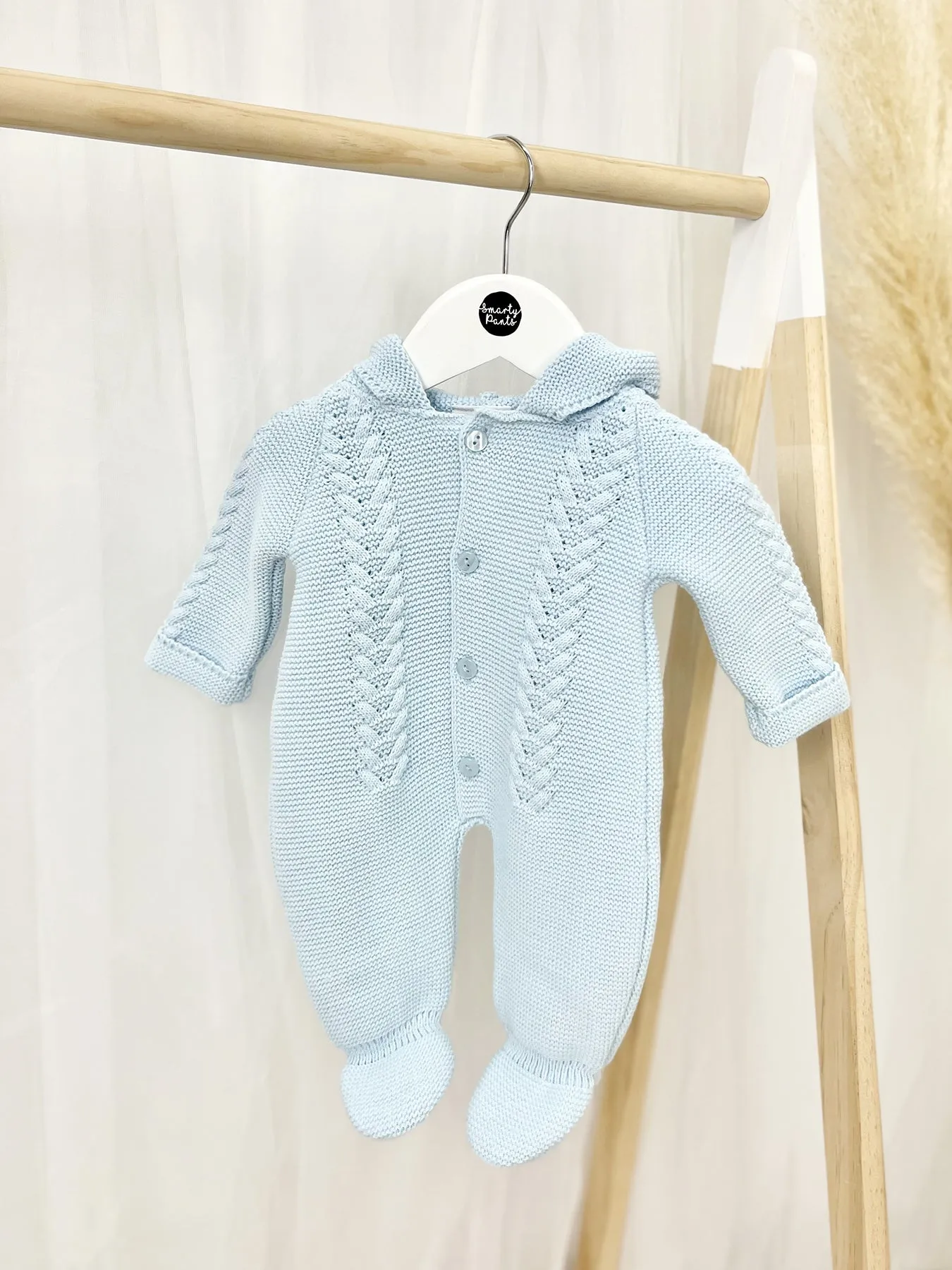 Blue Knitted Pramsuit with Pom Pom Hood