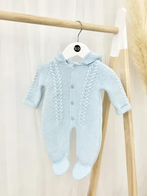 Blue Knitted Pramsuit with Pom Pom Hood