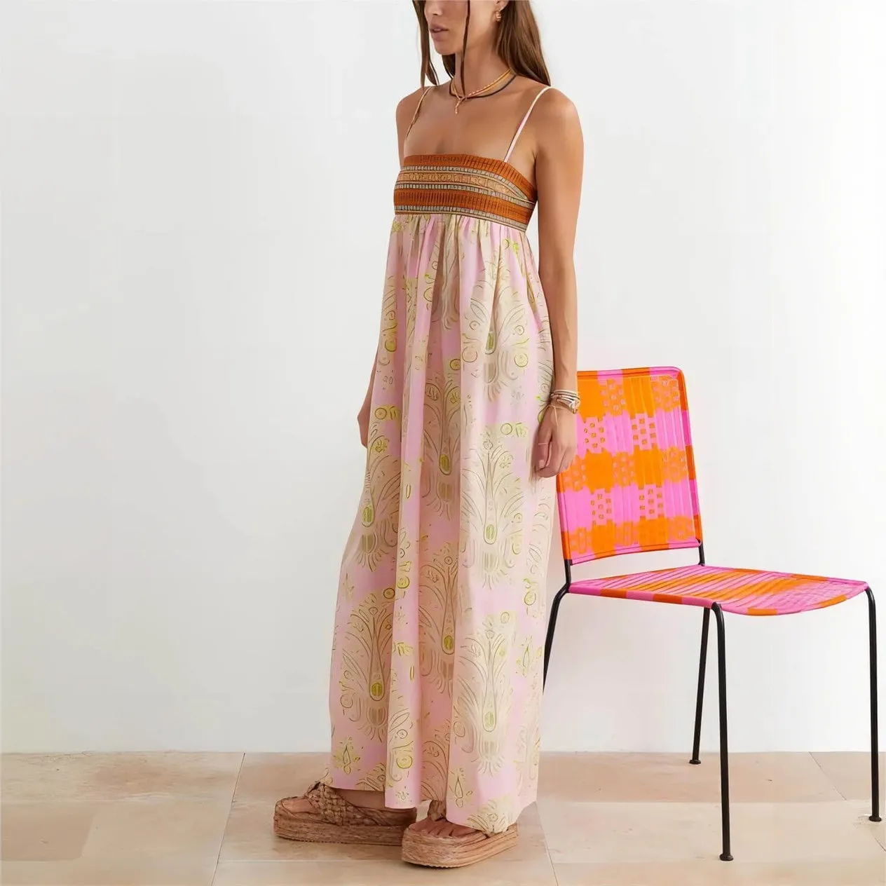 Bohemian Maxi Dress with Woven Bodice Detail
