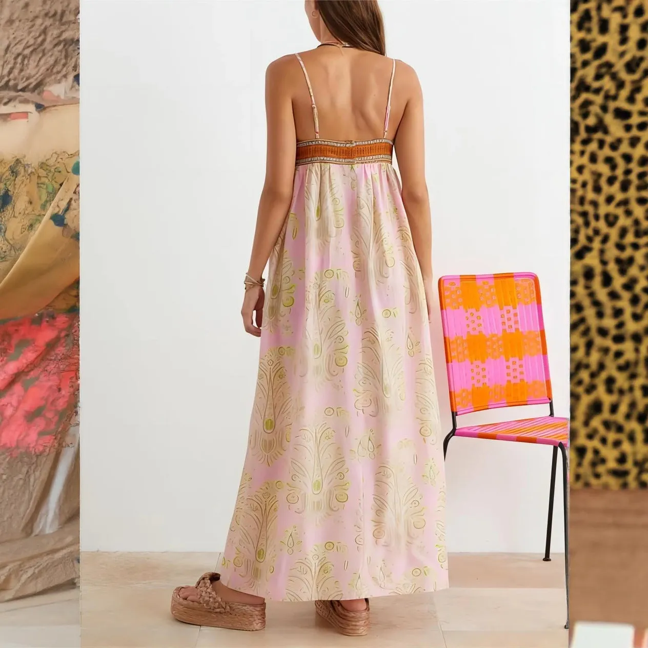 Bohemian Maxi Dress with Woven Bodice Detail