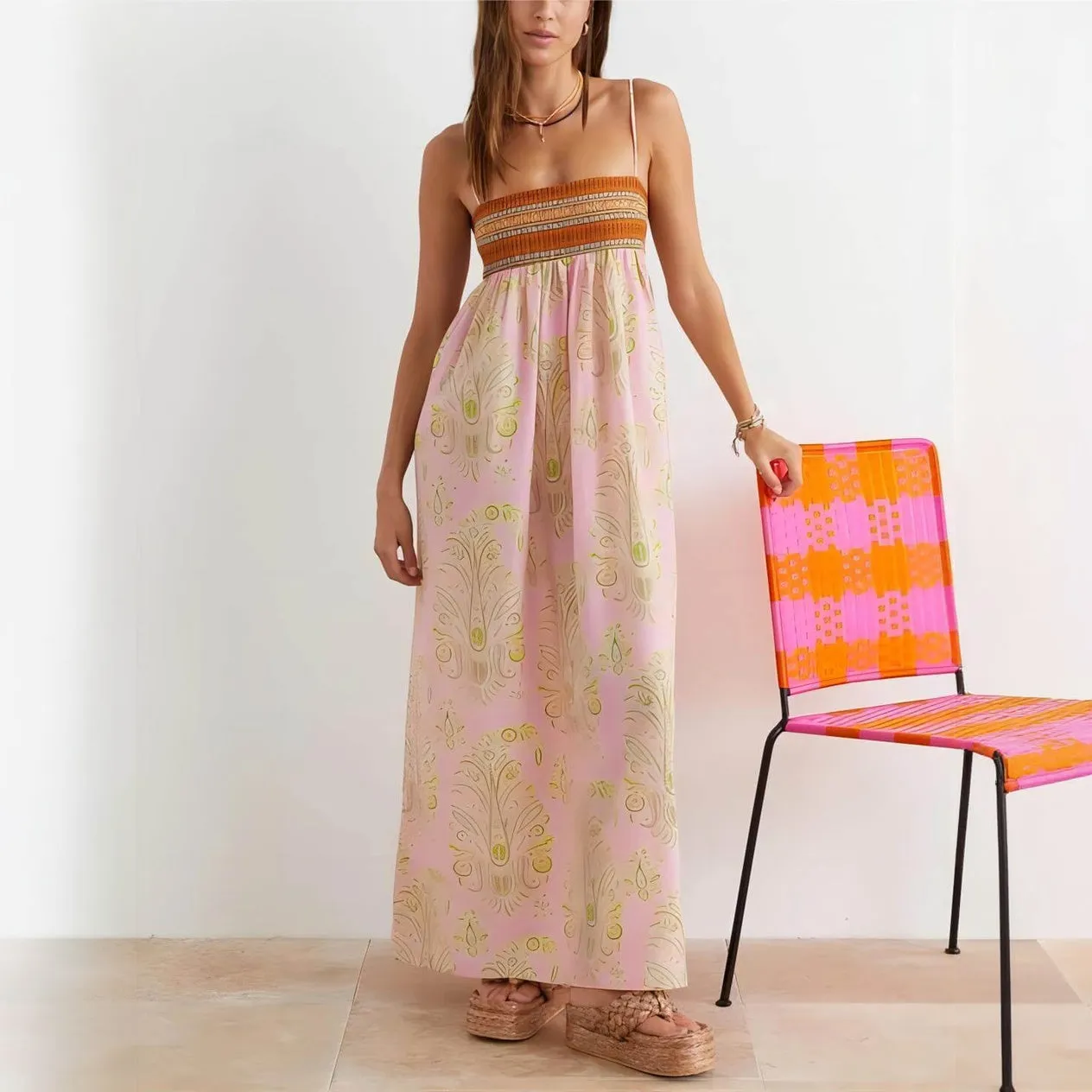 Bohemian Maxi Dress with Woven Bodice Detail