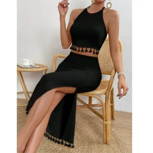 boho 2 piece skirt set: tassel halter crop top &amp; maxi skirt black