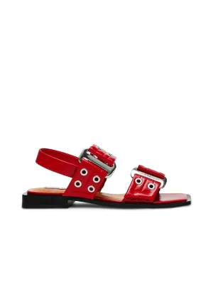 Buckle Stud Flat Sandal - Red