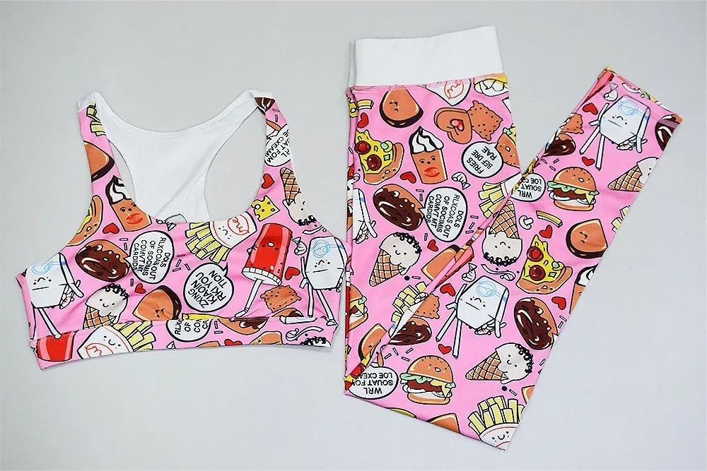Cartoon Print Yoga Fitness Suits Tank Crop Top High Waist Pants Sportswear Fitness Tracksuit Running Sports Gym Workout Clothes