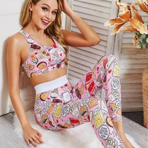 Cartoon Print Yoga Fitness Suits Tank Crop Top High Waist Pants Sportswear Fitness Tracksuit Running Sports Gym Workout Clothes
