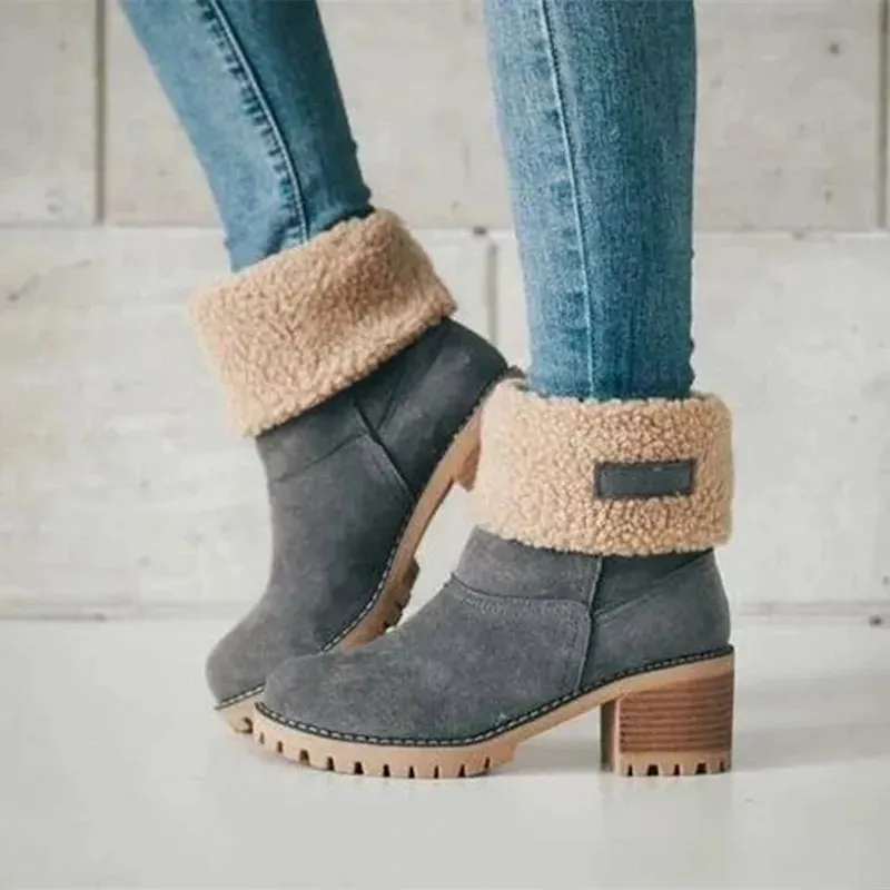 Casual Comfortable Plus Velvet Warm Square Heel Round Toe Solid Color Women's Ankle Boots