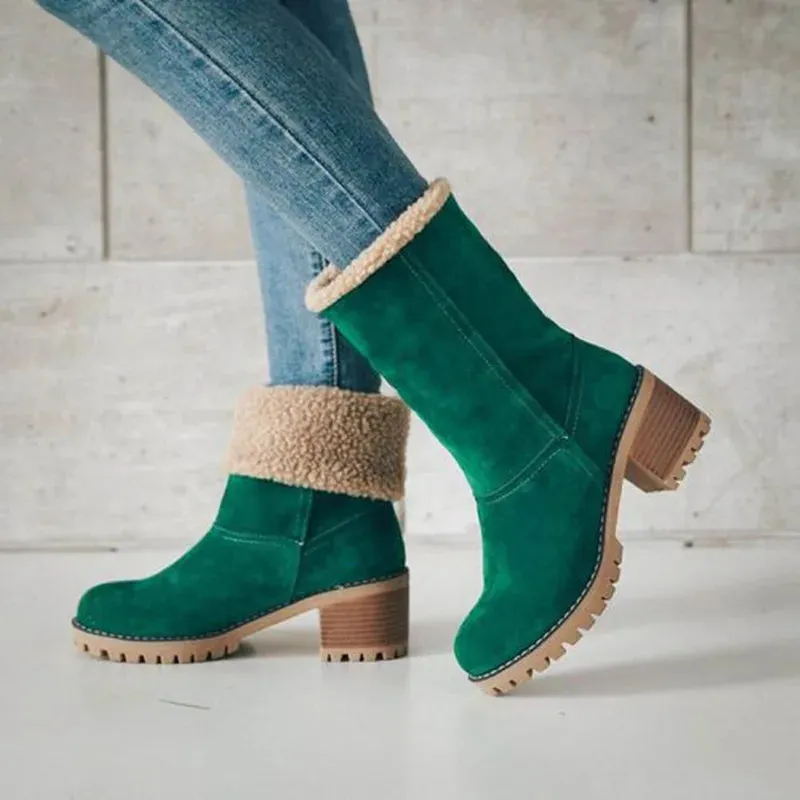Casual Comfortable Plus Velvet Warm Square Heel Round Toe Solid Color Women's Ankle Boots