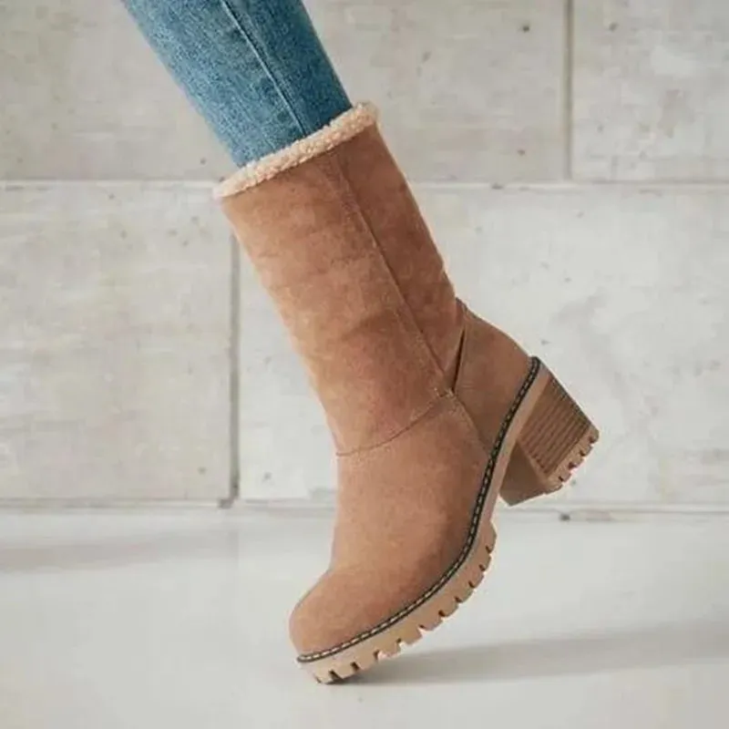 Casual Comfortable Plus Velvet Warm Square Heel Round Toe Solid Color Women's Ankle Boots