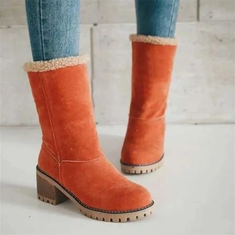 Casual Comfortable Plus Velvet Warm Square Heel Round Toe Solid Color Women's Ankle Boots