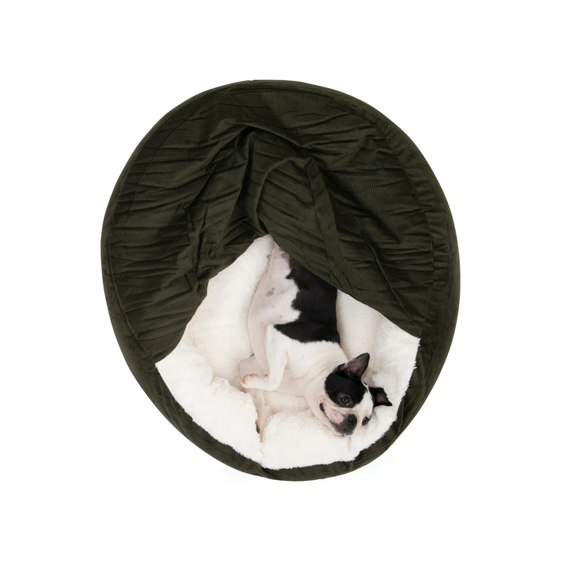 Charlie's Snookie Hooded Corduroy Calming Dog Bed Olive Large