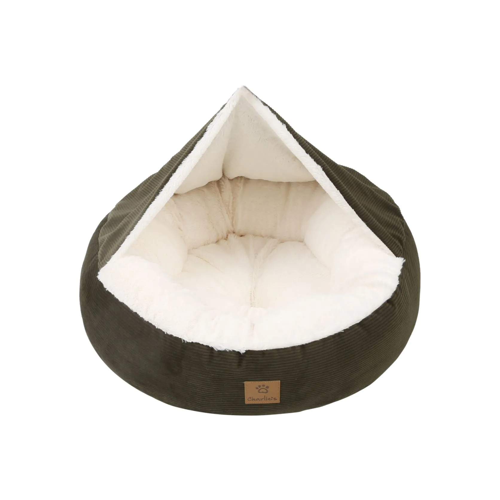 Charlie's Snookie Hooded Corduroy Calming Dog Bed Olive Large