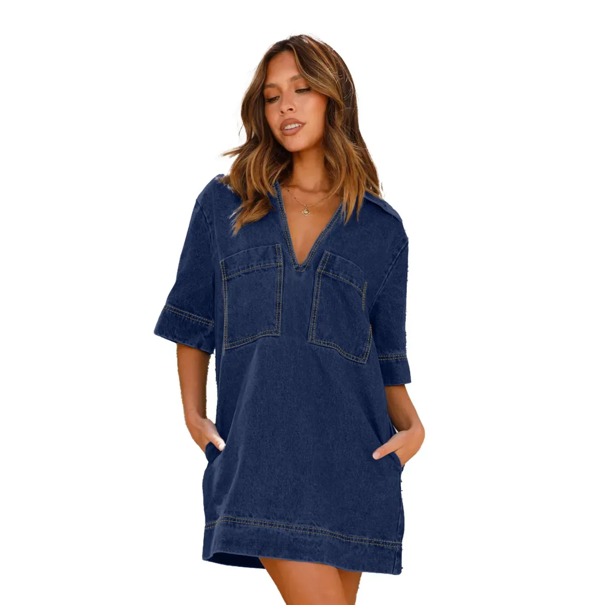 Chloe Denim V-Neck Short Sleeve Mini Dress