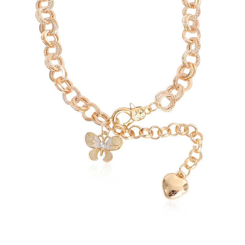 Chunky Chain Butterfly Drop Heart Pendant