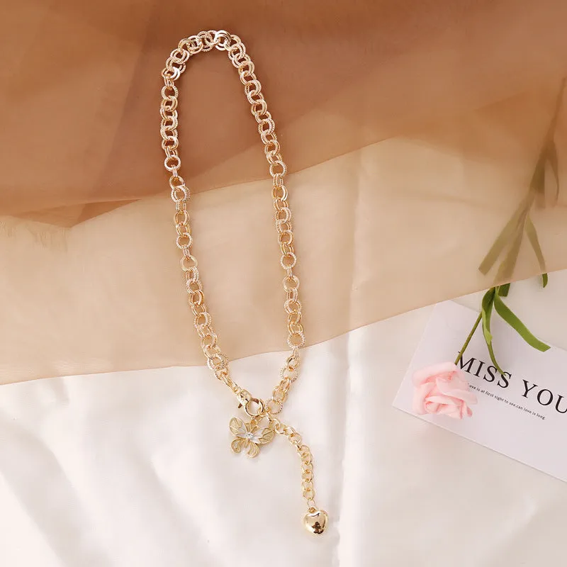 Chunky Chain Butterfly Drop Heart Pendant