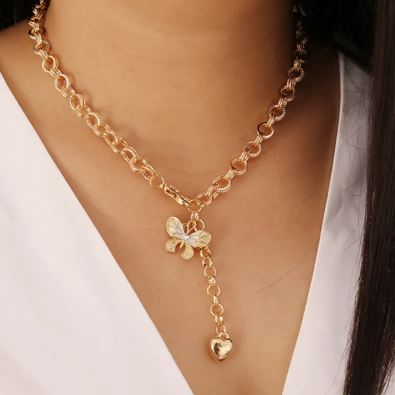 Chunky Chain Butterfly Drop Heart Pendant
