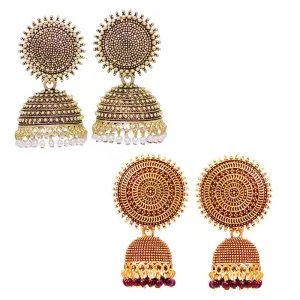 Combo of 2 Maroon and Golden Pearls Dome Shape Jhumki