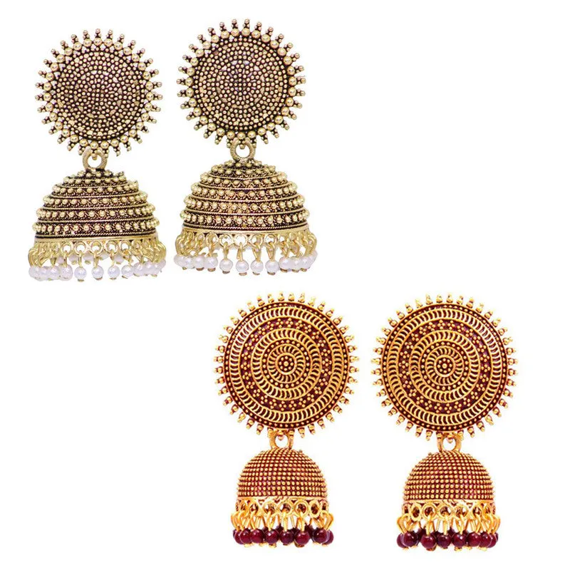 Combo of 2 Maroon and Golden Pearls Dome Shape Jhumki