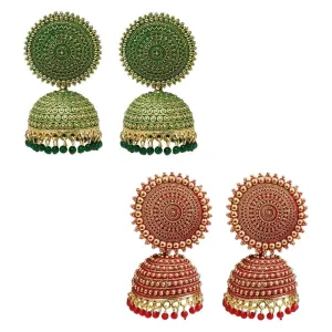 Combo of 2 Red and Dark Green Pearls Dome Shape Jhumki