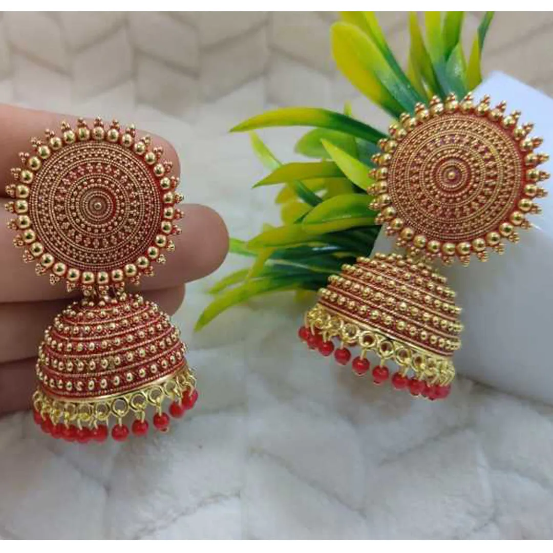 Combo of 2 Red and Dark Green Pearls Dome Shape Jhumki