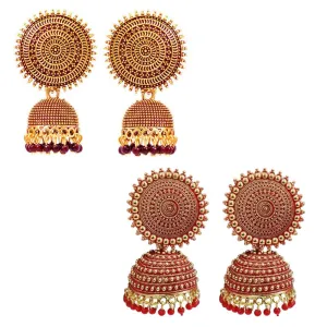 Combo of 2 Red and Maroon Pearls Dome Shape Jhumki